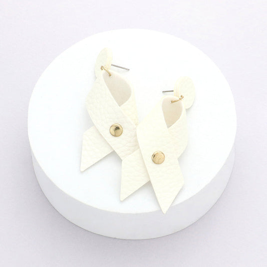 Madeline Love White, Worn Gold Faux Leather Ribbon Dangle Earrings