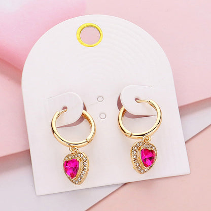 Heart Stone Dangle Huggie Hoop Earrings - Fuchsia - Earrings
