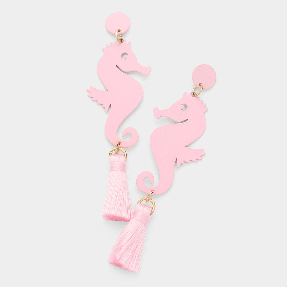 Madeline Love Gold, Pink Metal Seahorse Triple Tassel Drop Earrings