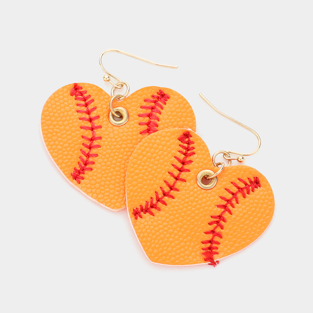 Madeline Love Neon, Orange Faux Leather Baseball Heart Dangle Earrings
