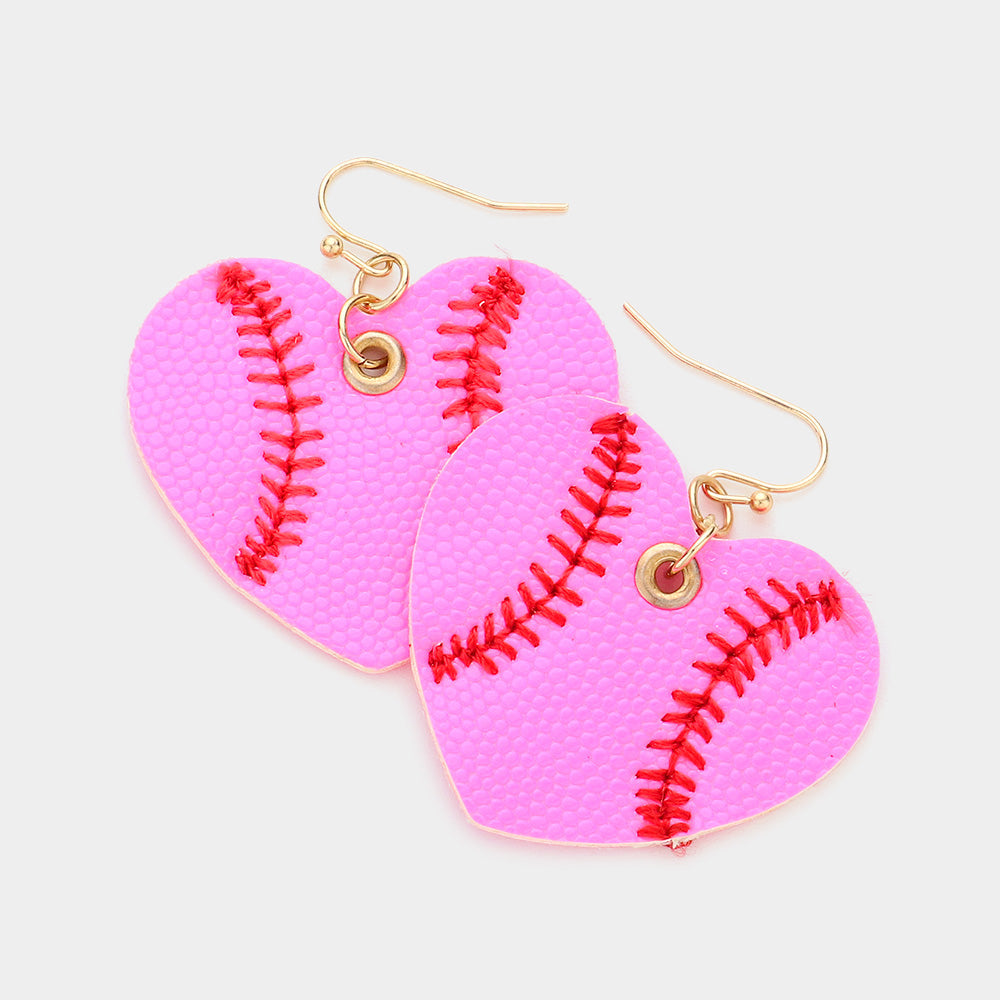 Madeline Love Neon, Pink Faux Leather Baseball Heart Dangle Earrings