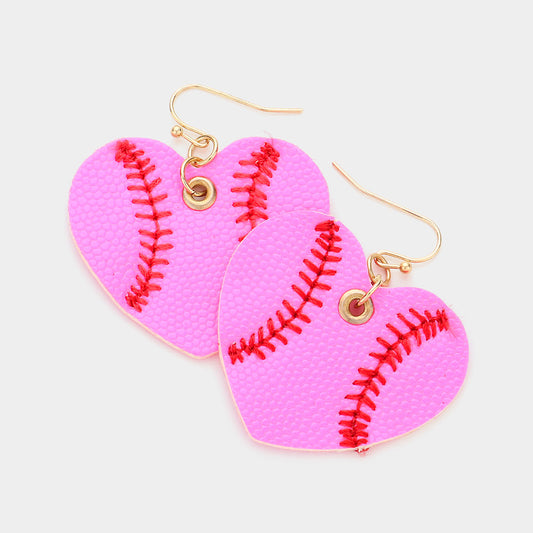 Madeline Love Neon, Pink Faux Leather Baseball Heart Dangle Earrings