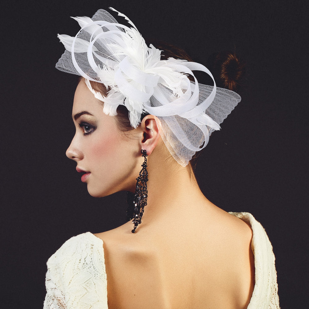 Madeline Love White Feather Embellished Mesh Bow Fascinator / Headband - Hair Accessories