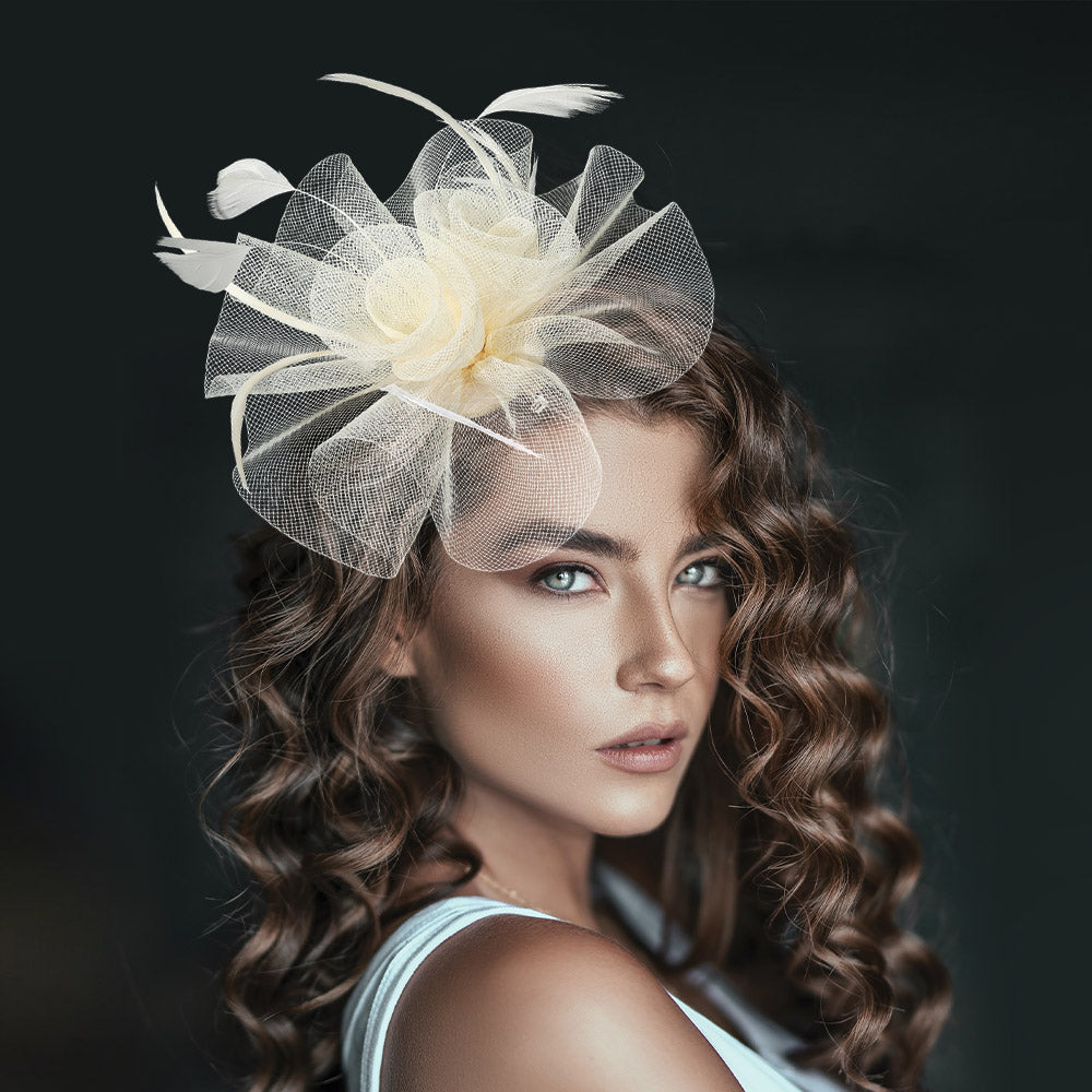 Madeline Love Ivory Mesh Flower Feather Mesh Fascinator / Headband - Hair Accessories