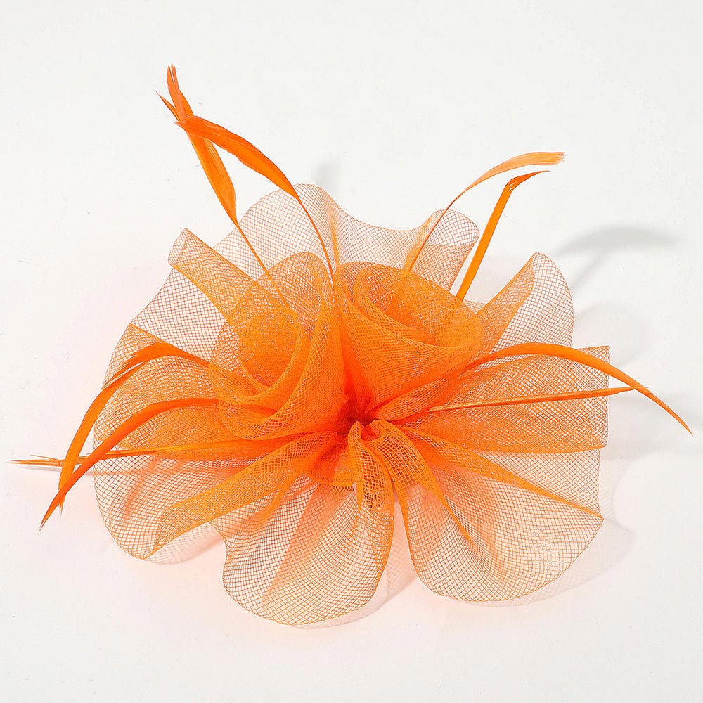 Madeline Love Orange Mesh Flower Feather Mesh Fascinator / Headband - Hair Accessories