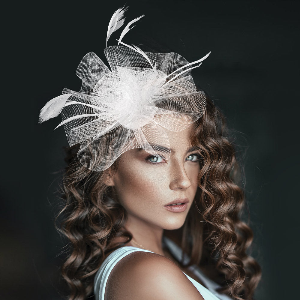 Madeline Love White Mesh Flower Feather Mesh Fascinator / Headband - Hair Accessories