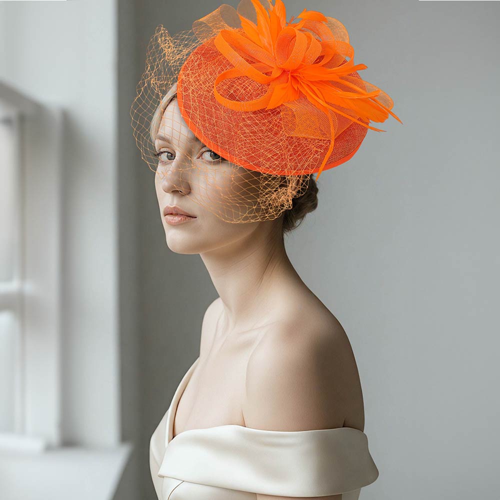 Madeline Love Orange Elegant Floral Veil Fascinator Headband - Hair Accessories