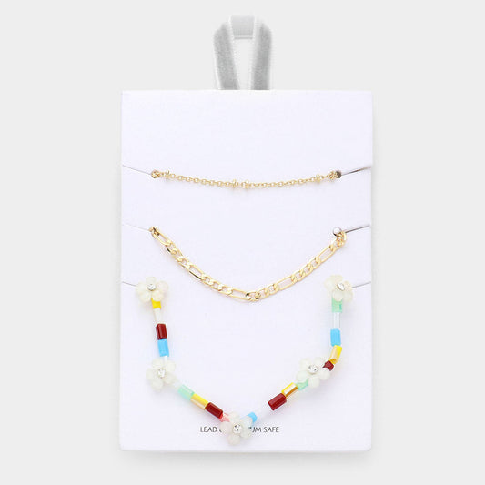 Madeline Love Multi 3PCS - Metal Chain Flower Accented Beaded Necklaces
