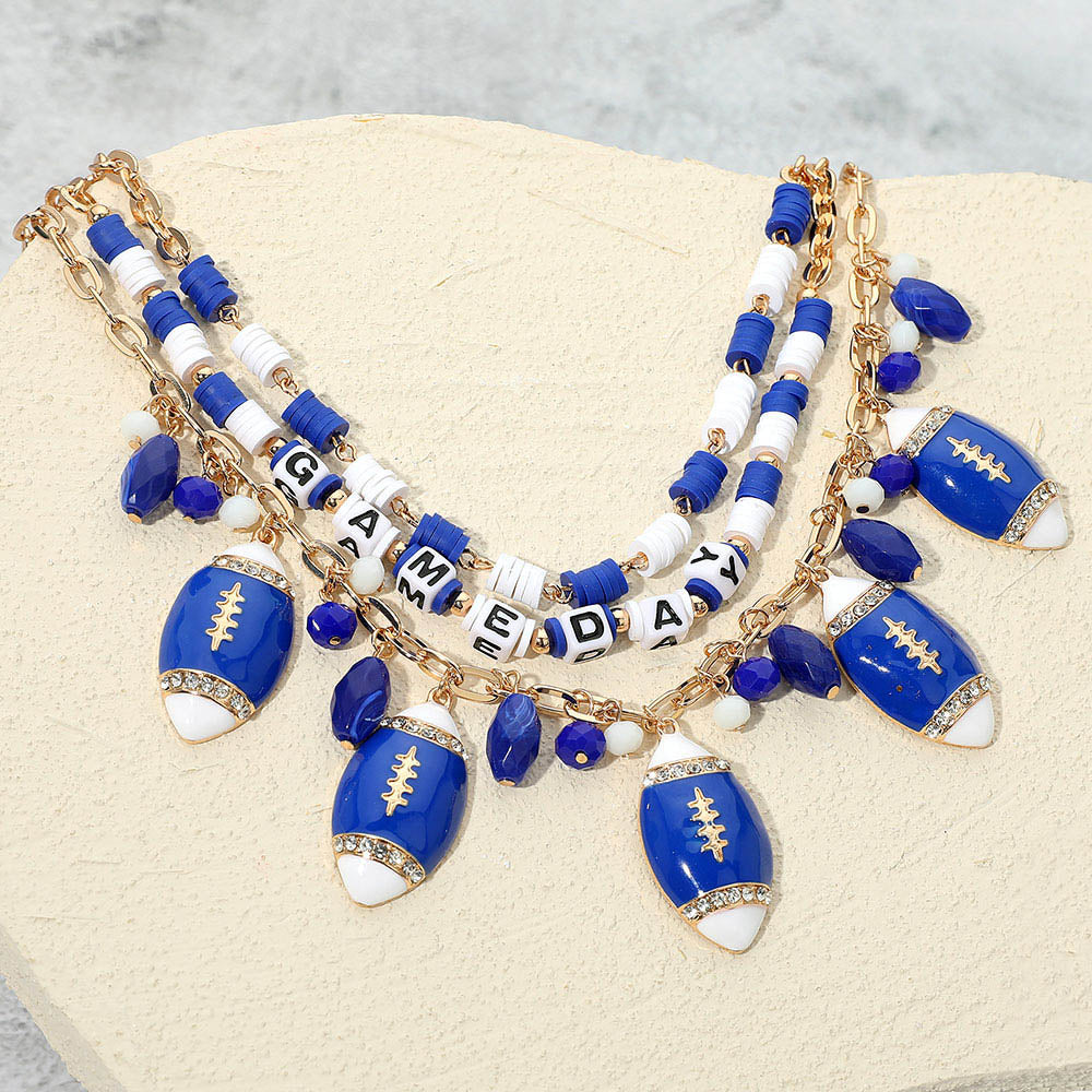 Madeline Love Blue, Gold, White Football Charm Embellished GAME DAY Heishi Beaded Layered Necklace - Necklaces