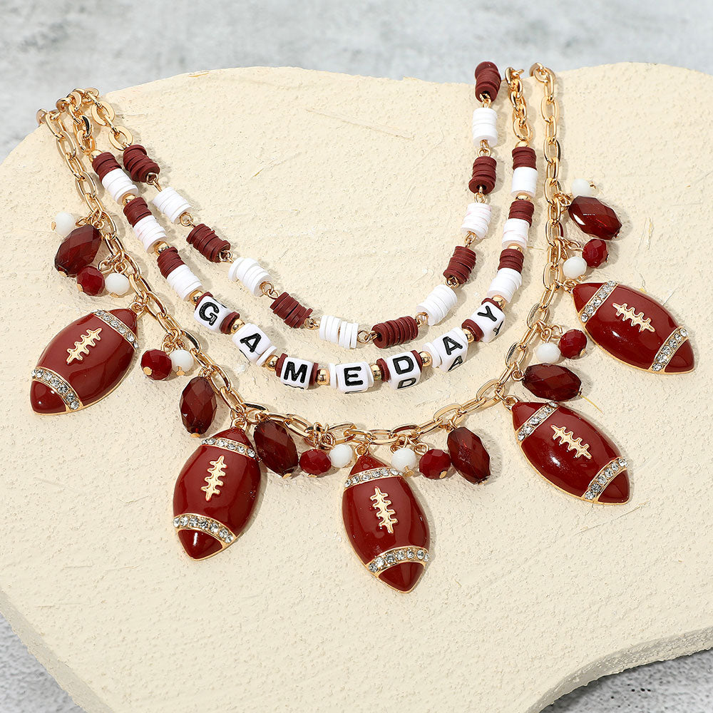 Madeline Love Burgundy, Gold, White Football Charm Embellished GAME DAY Heishi Beaded Layered Necklace - Necklaces