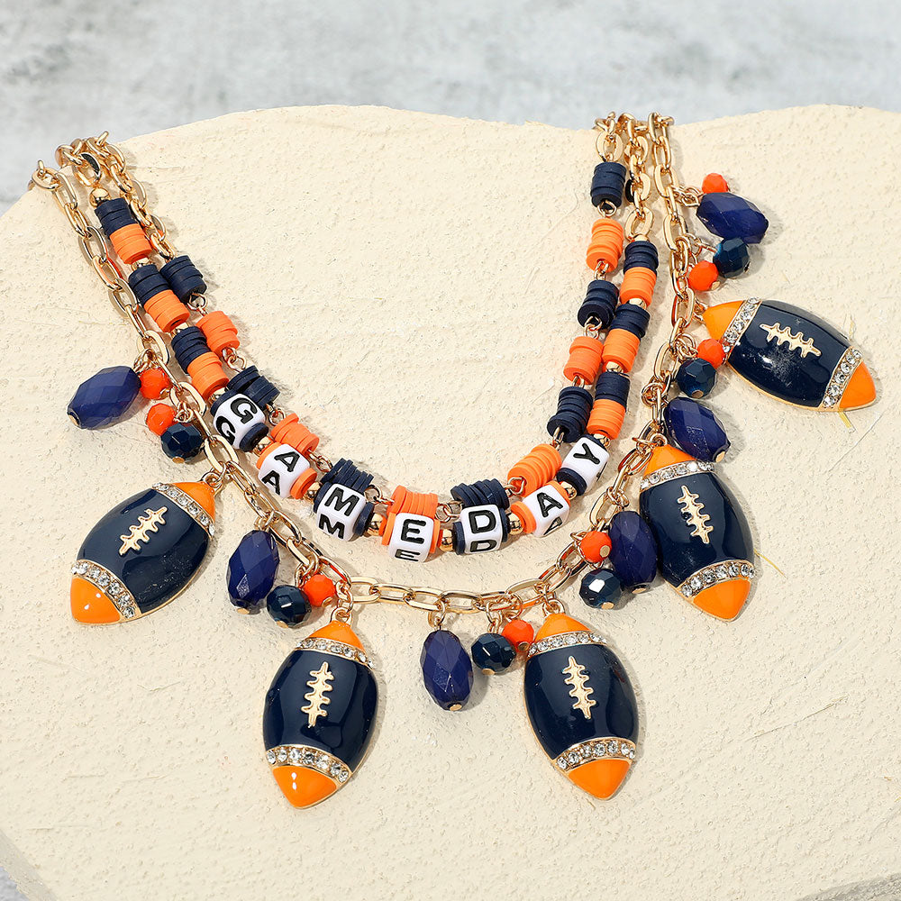 Madeline Love Gold, Navy, Orange Football Charm Embellished GAME DAY Heishi Beaded Layered Necklace - Necklaces