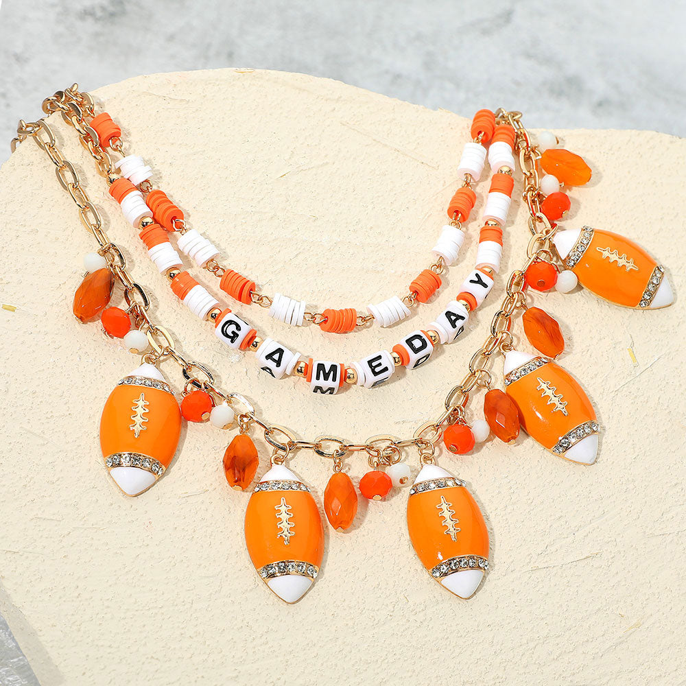 Madeline Love Gold, Orange, White Football Charm Embellished GAME DAY Heishi Beaded Layered Necklace - Necklaces