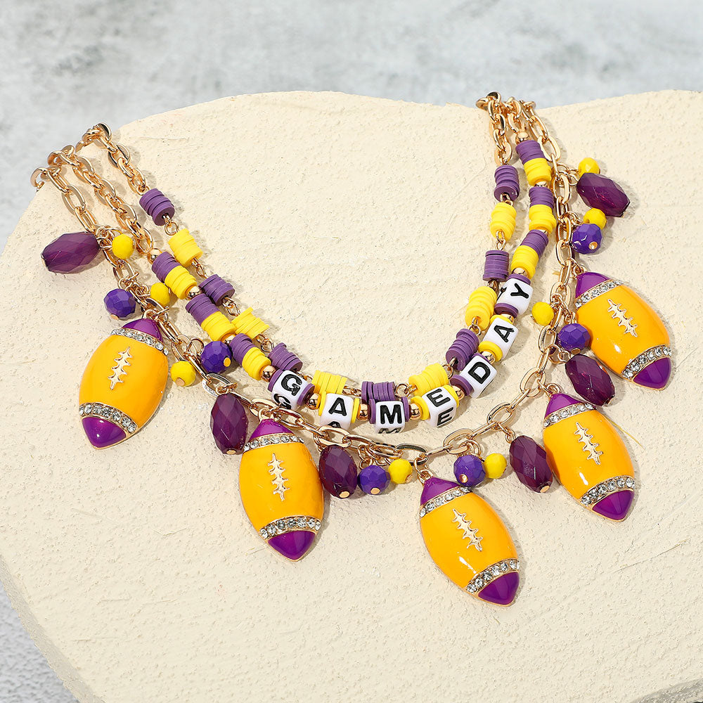 Madeline Love Gold, Purple , Yellow Football Charm Embellished GAME DAY Heishi Beaded Layered Necklace - Necklaces