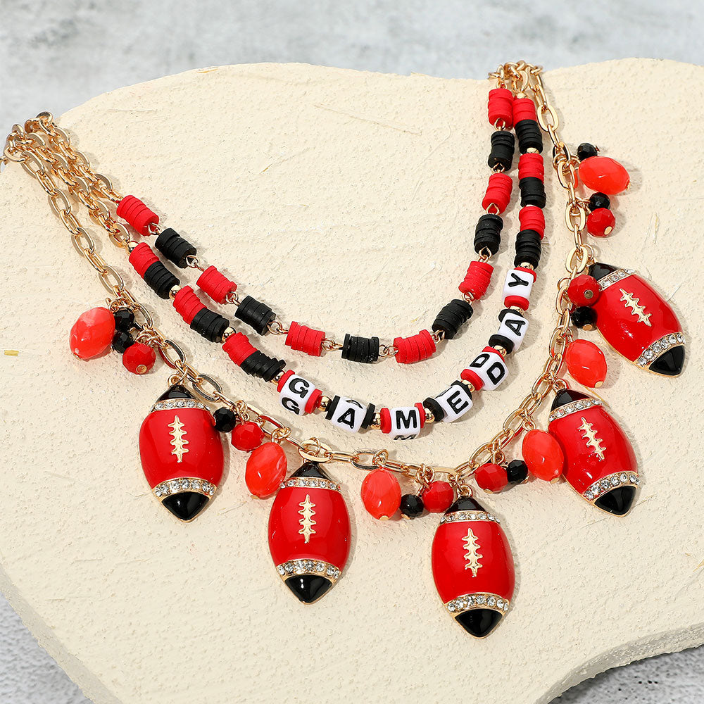 Madeline Love Black, Gold, Red Football Charm Embellished GAME DAY Heishi Beaded Layered Necklace - Necklaces