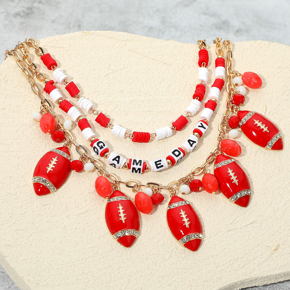 Madeline Love Gold, Red, White Football Charm Embellished GAME DAY Heishi Beaded Layered Necklace - Necklaces