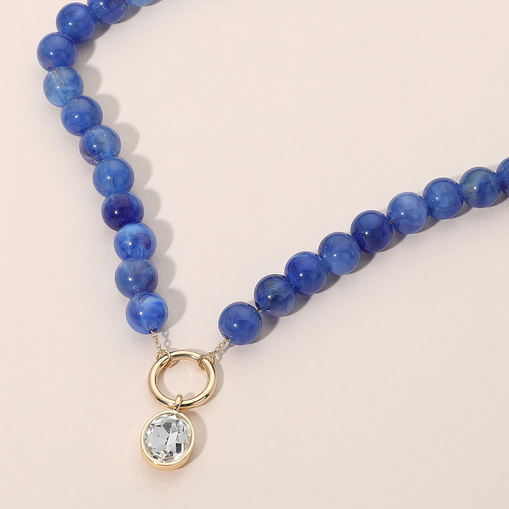 Madeline Love Blue Round Stone Bezel Charm Pendant Beaded Necklace