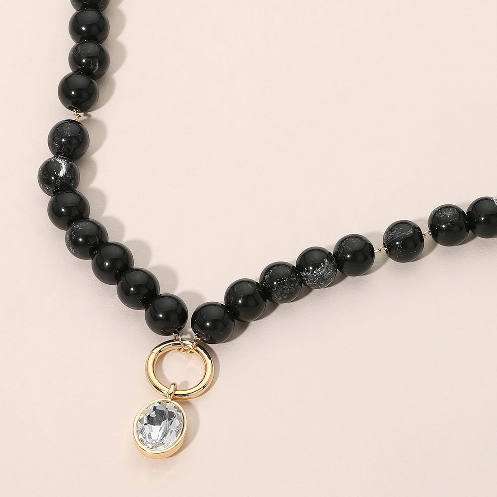 Madeline Love Black Round Stone Bezel Charm Pendant Beaded Necklace