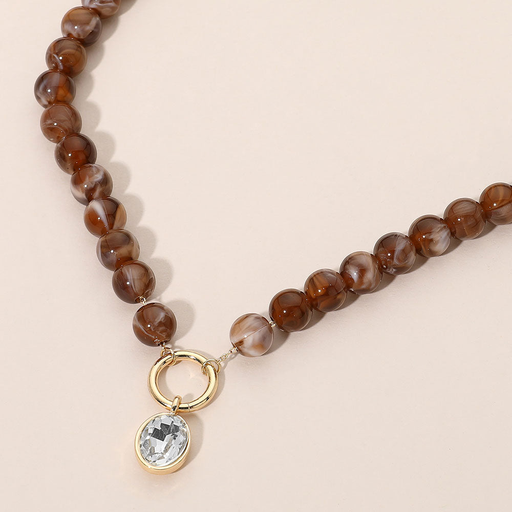 Madeline Love Brown Round Stone Bezel Charm Pendant Beaded Necklace
