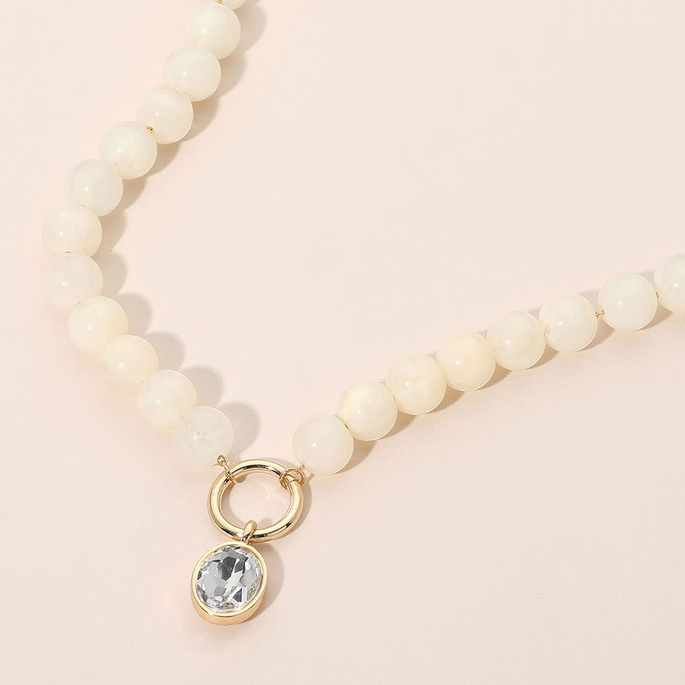 Madeline Love Cream Round Stone Bezel Charm Pendant Beaded Necklace