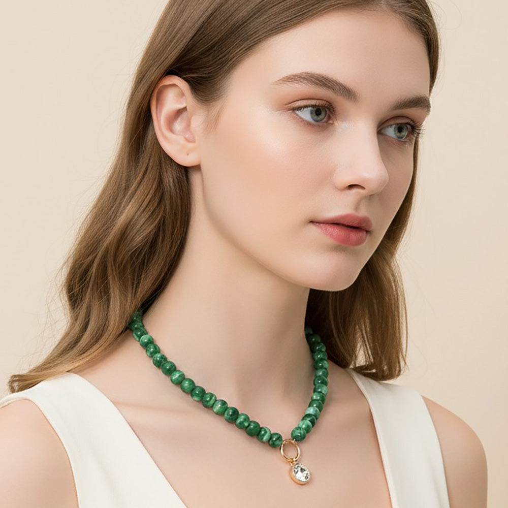 Madeline Love Green Round Stone Bezel Charm Pendant Beaded Necklace