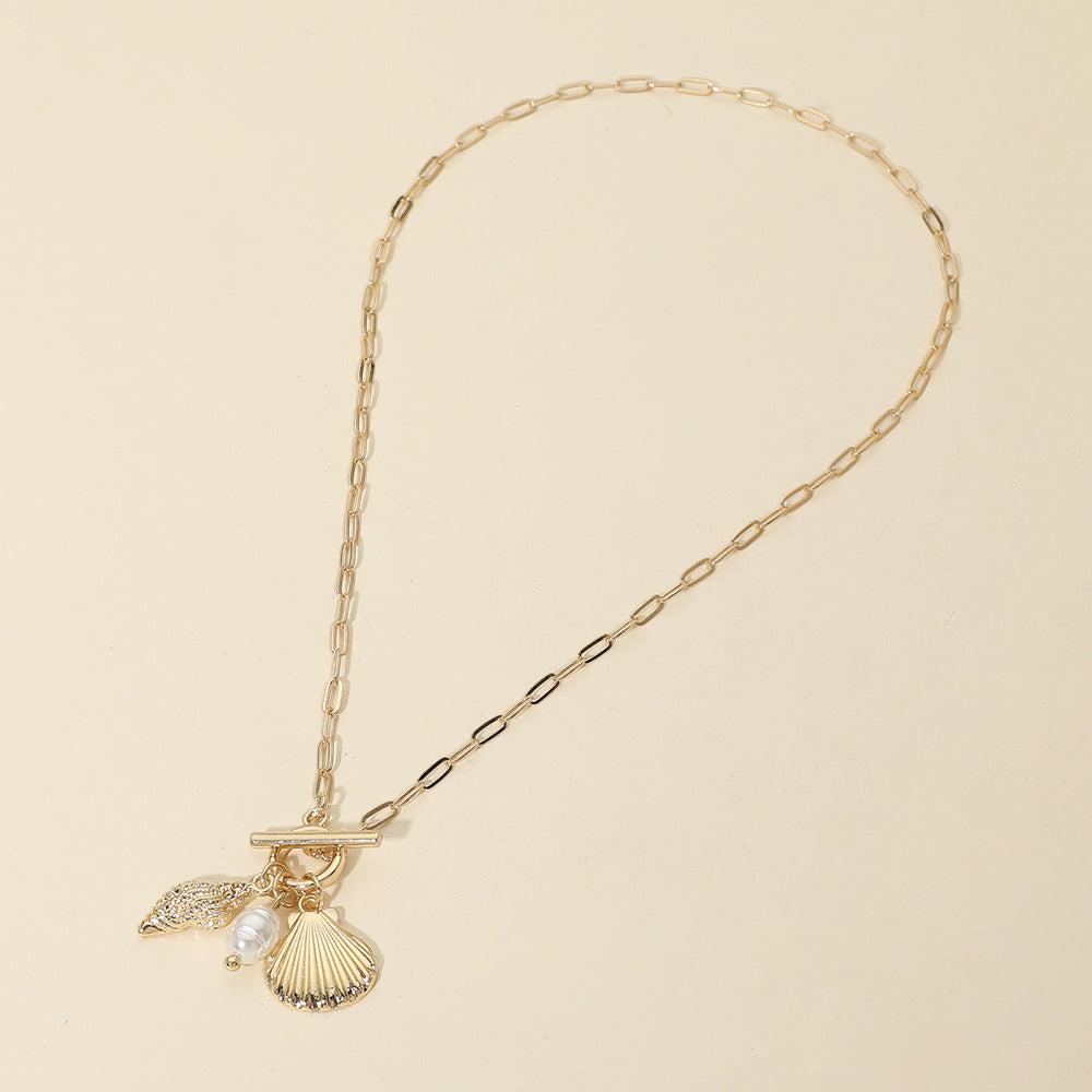 Madeline Love Gold Seashell Pearl Charm Toggle Paperclip Chain Necklace - Necklaces - desc