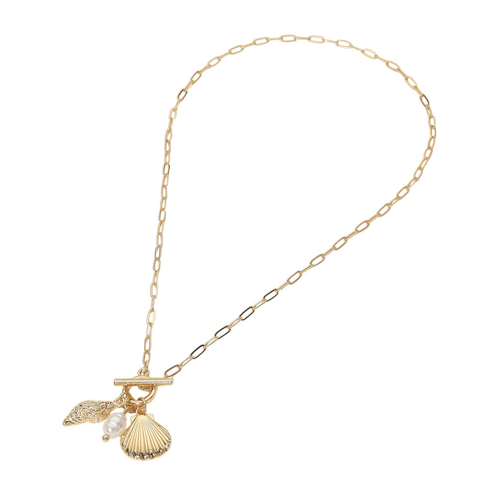Madeline Love Gold Seashell Pearl Charm Toggle Paperclip Chain Necklace - Necklaces - extra