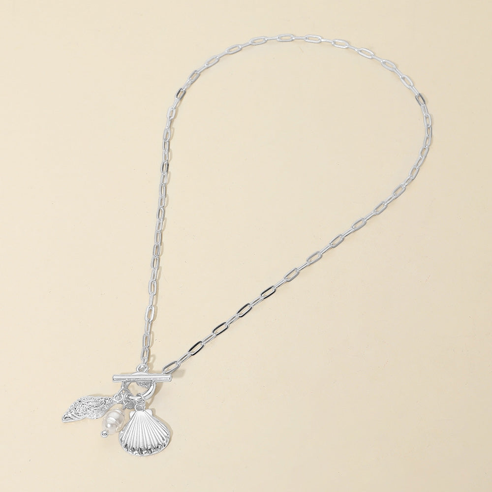 Madeline Love Rhodium Seashell Pearl Charm Toggle Paperclip Chain Necklace - Necklaces - desc