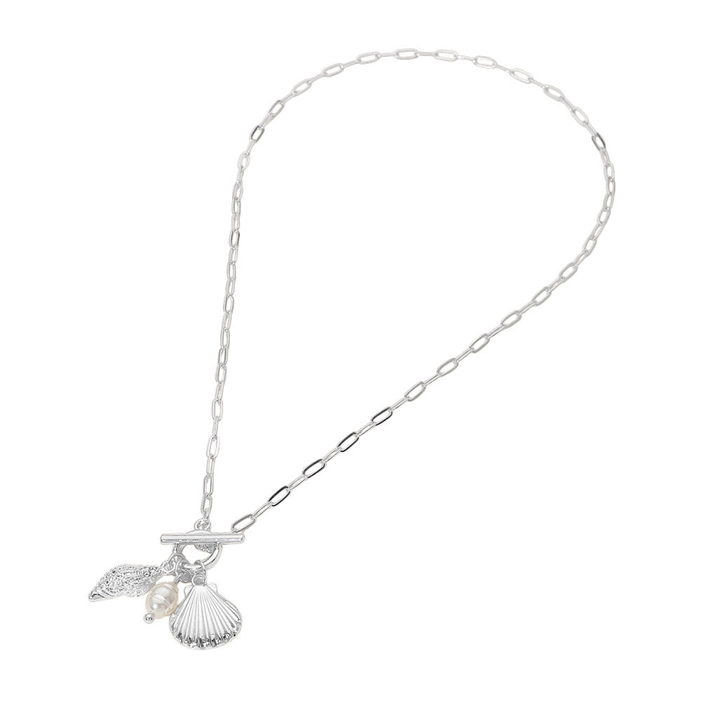 Madeline Love Rhodium Seashell Pearl Charm Toggle Paperclip Chain Necklace - Necklaces - extra