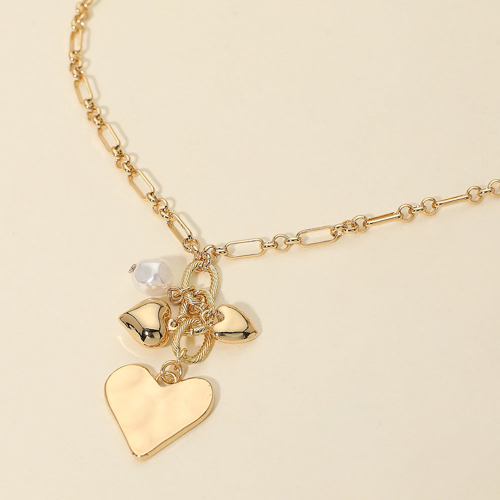 Madeline Love Gold Heart Pearl Embellished Drop Charm Chain Necklace - Necklaces