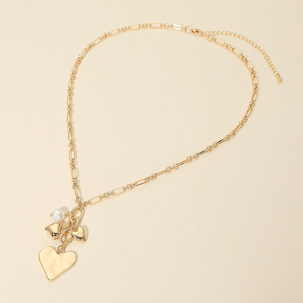 Madeline Love Gold Heart Pearl Embellished Drop Charm Chain Necklace - Necklaces - desc