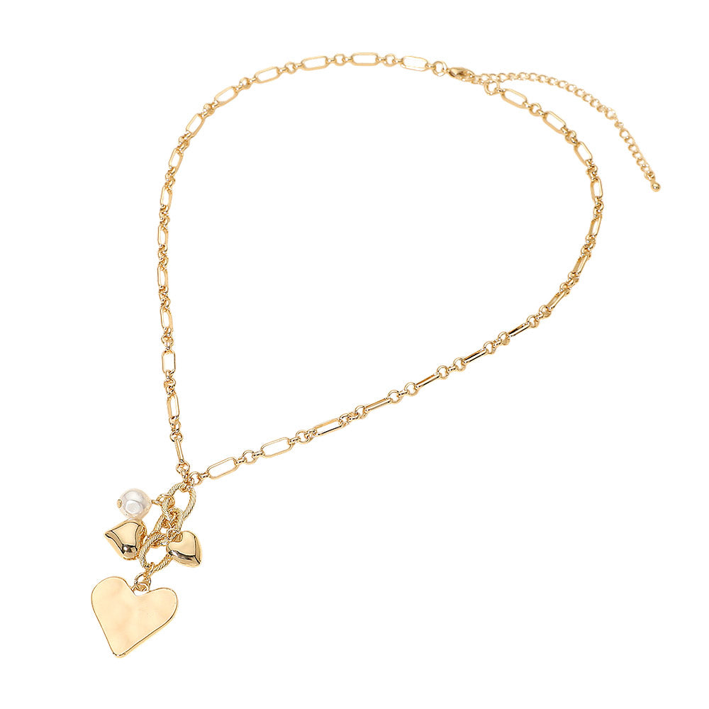 Madeline Love Gold Heart Pearl Embellished Drop Charm Chain Necklace - Necklaces - extra