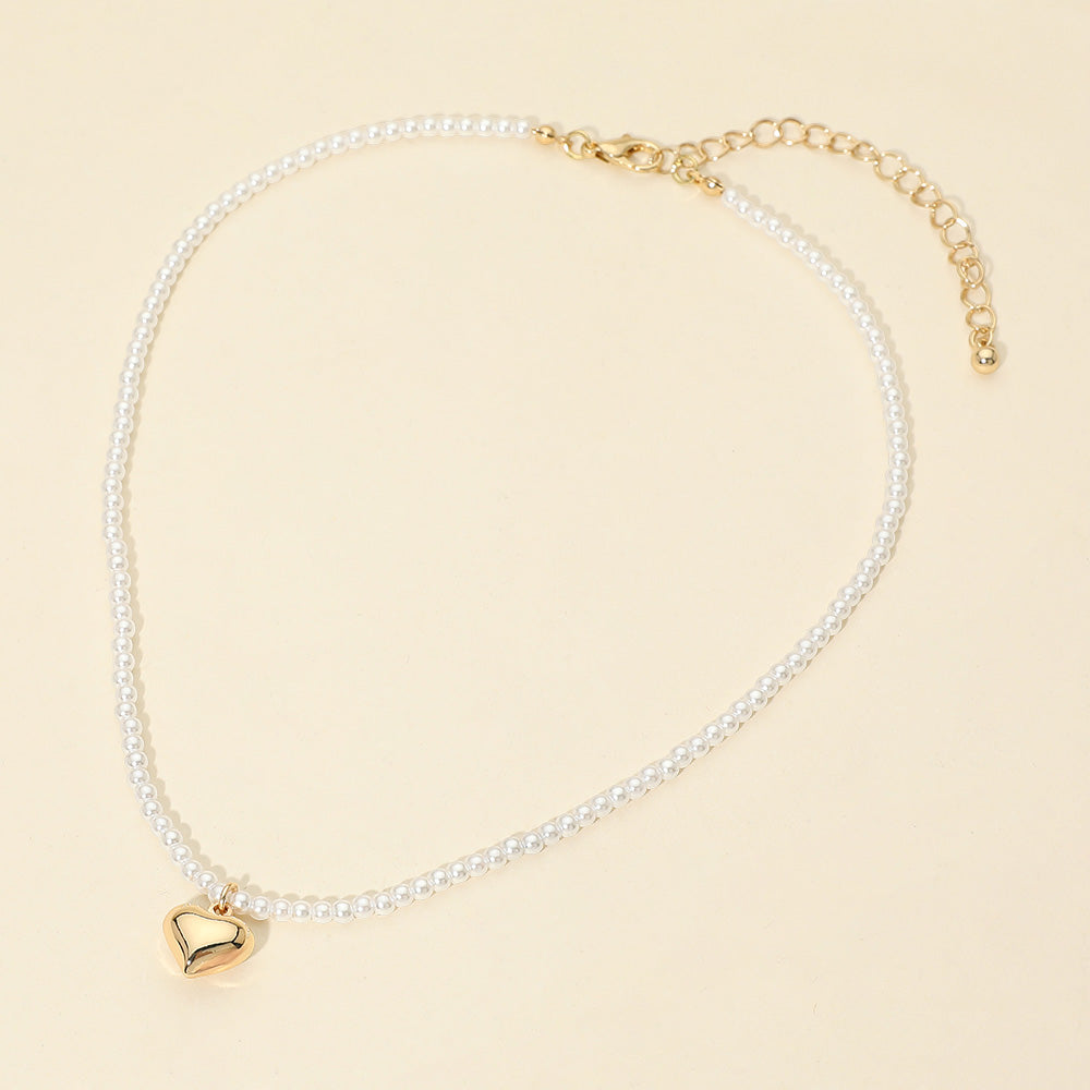 Madeline Love Cream, Gold Dainty Heart Pendant Pearl Beaded Chain Necklace - Necklaces
