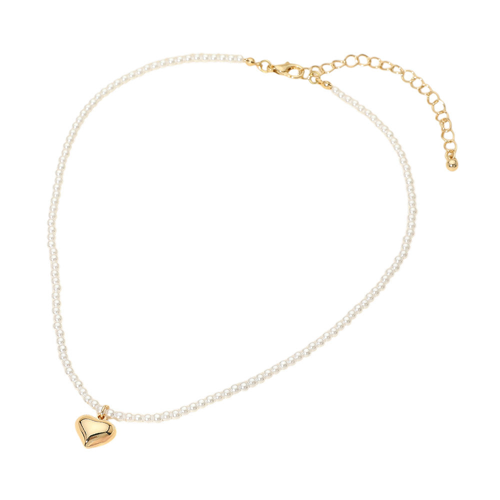 Madeline Love Cream, Gold Dainty Heart Pendant Pearl Beaded Chain Necklace - Necklaces - desc