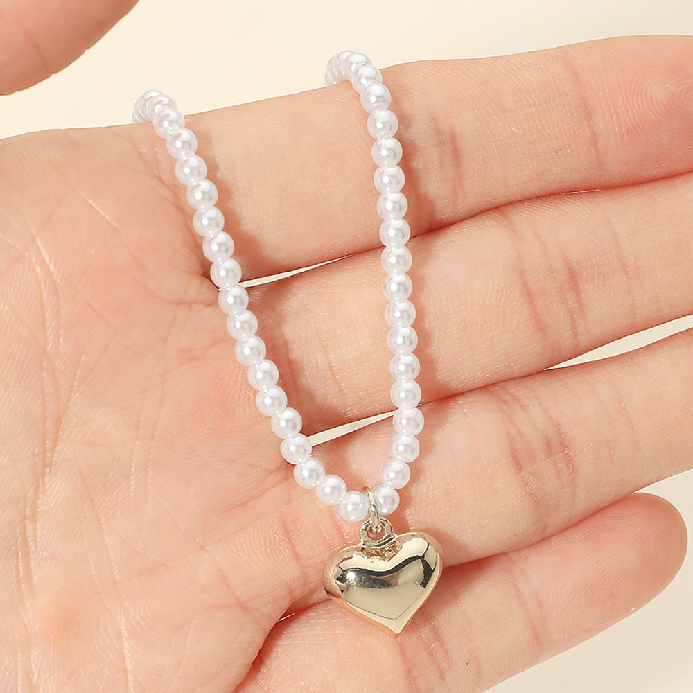 Madeline Love Cream, Gold Dainty Heart Pendant Pearl Beaded Chain Necklace - Necklaces - extra