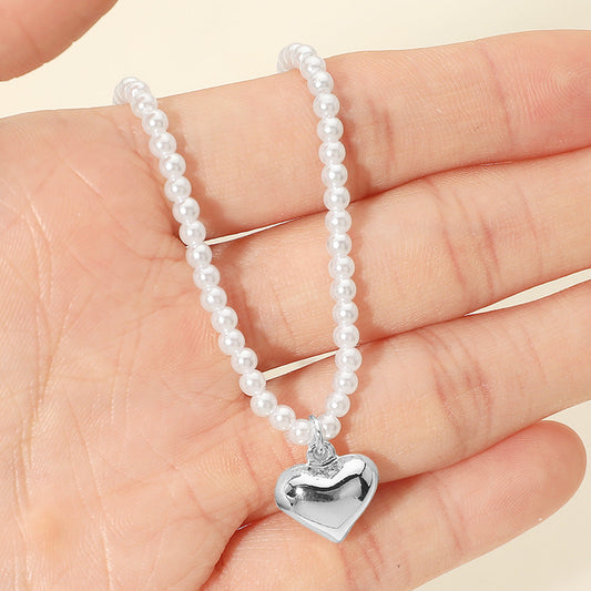 Madeline Love Cream, Rhodium Dainty Heart Pendant Pearl Beaded Chain Necklace - Necklaces