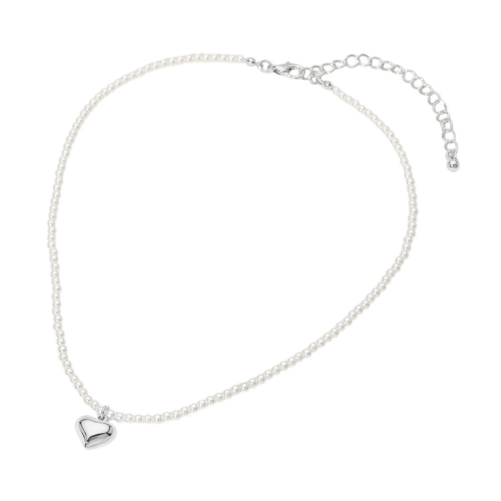 Madeline Love Cream, Rhodium Dainty Heart Pendant Pearl Beaded Chain Necklace - Necklaces - extra