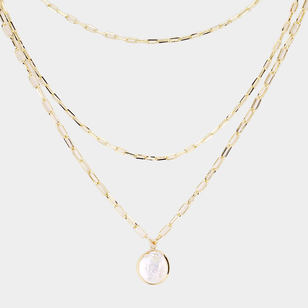 Madeline Love Gold Freshwater Pearl Round Pendant Triple Chain Layered Necklace