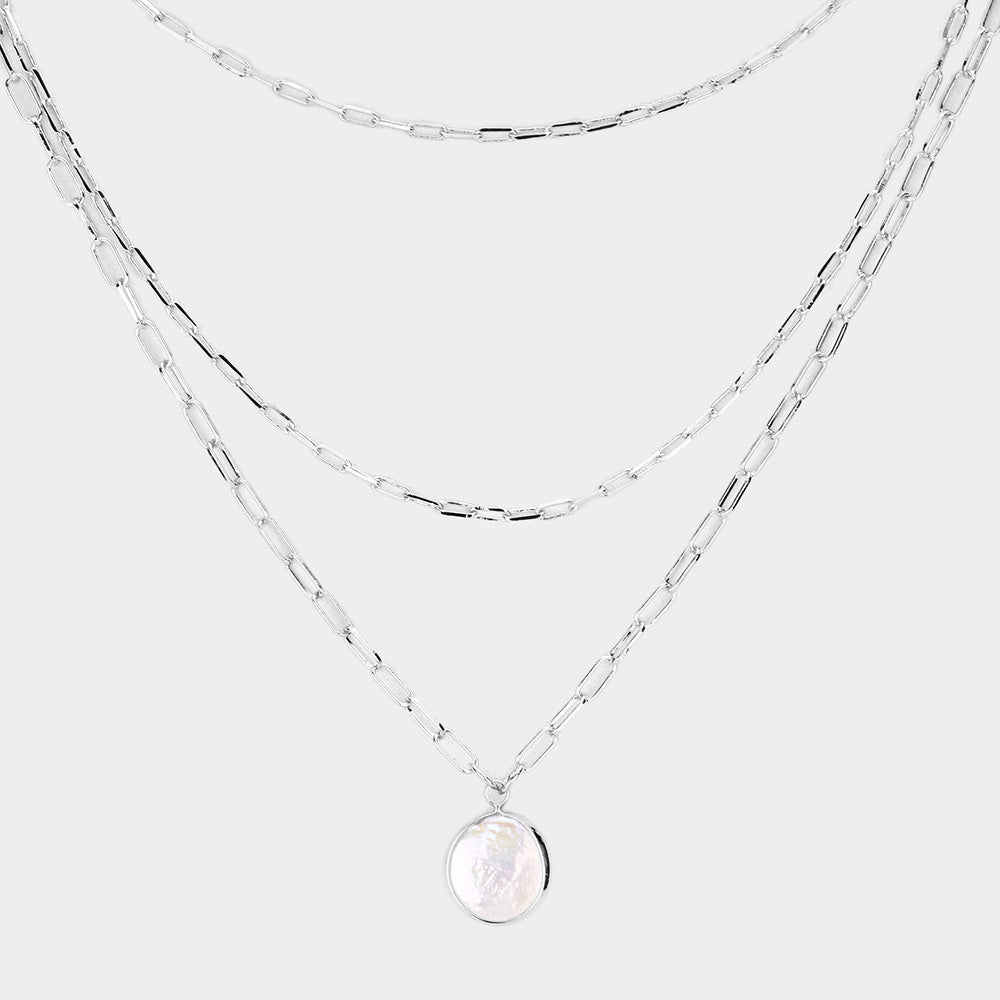 Madeline Love Rhodium Freshwater Pearl Round Pendant Triple Chain Layered Necklace