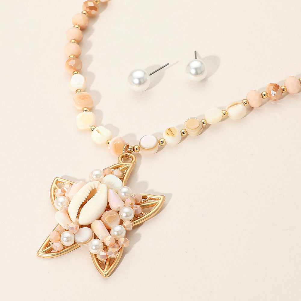 Madeline Love Gold Pearl Sea Shell Beaded Starfish Pendant Statement Necklace - Necklaces