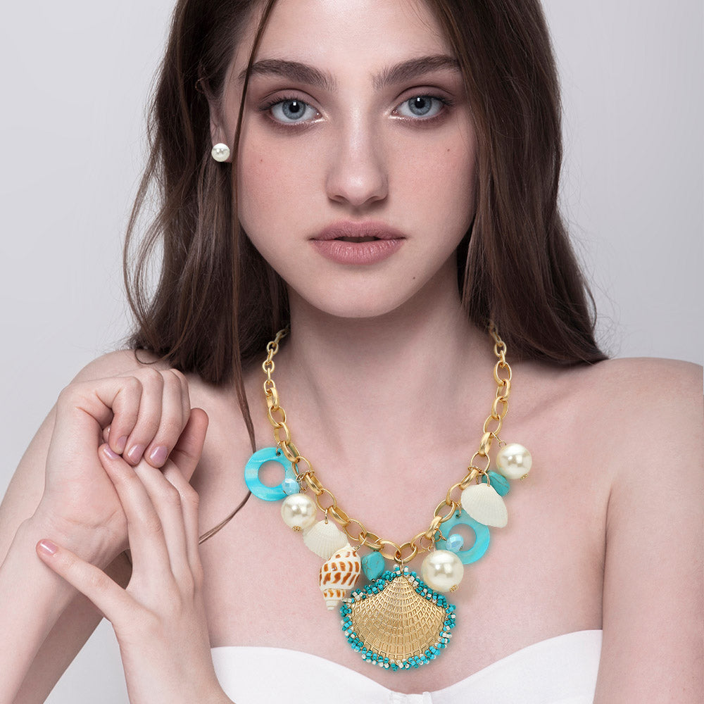 Madeline Love Gold Chunky Sea Shell Pearl Charm Statement Necklace - Necklaces
