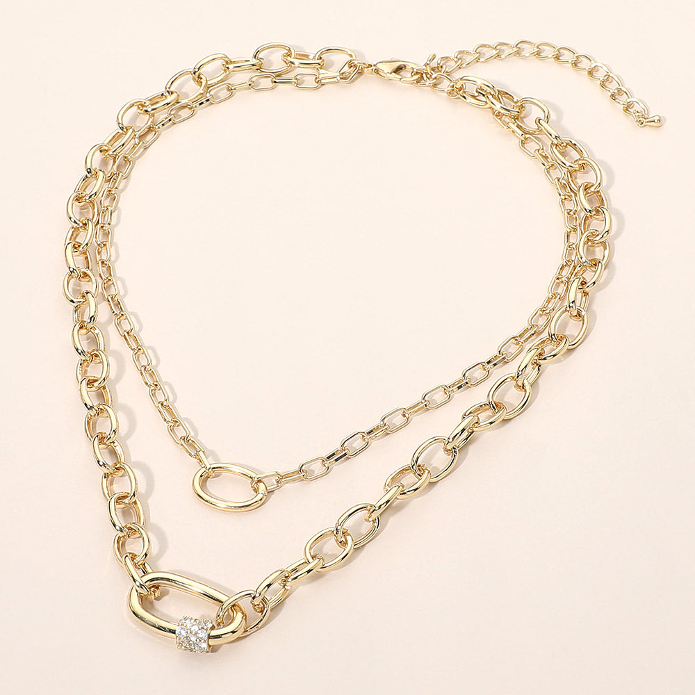 Madeline Love Clear, Gold CZ Pave Carabiner Pendant Accent Chunky Layered Chain Necklace
