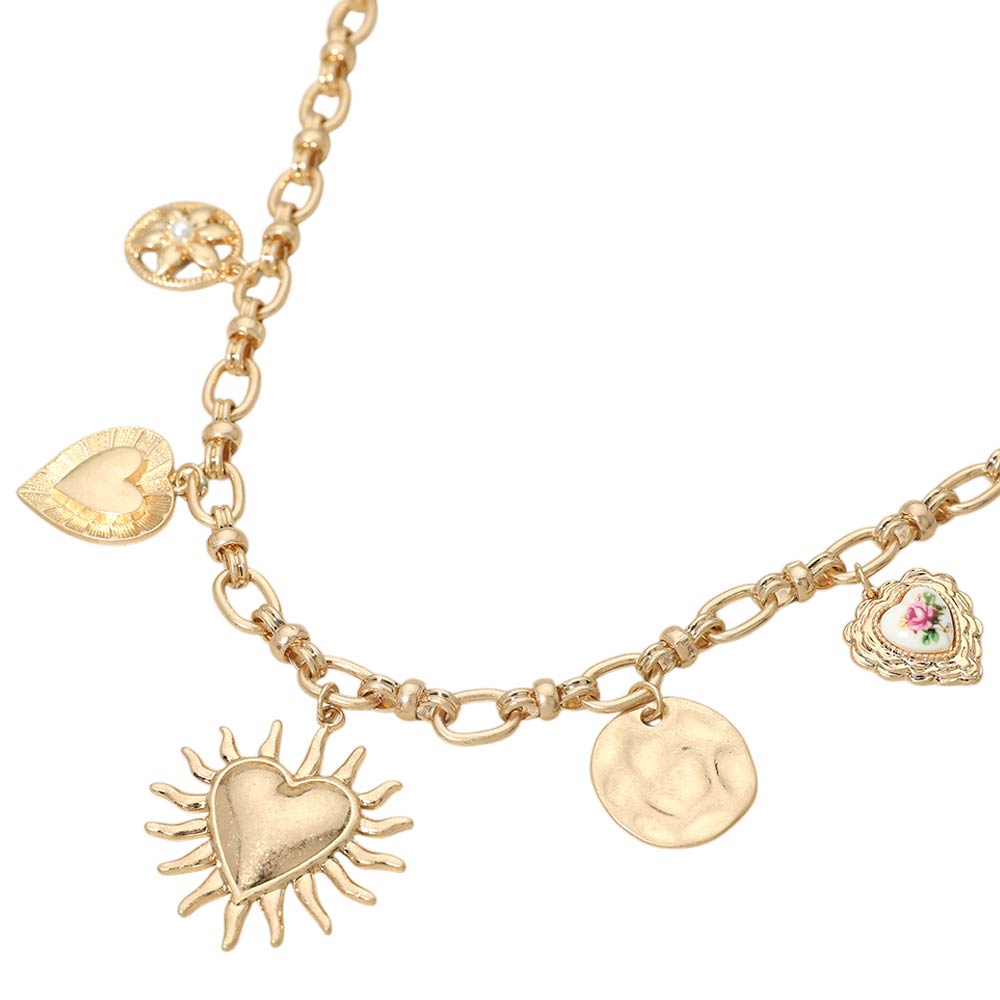 Madeline Love Pink, Worn Gold Vintage Inspired Heart Flower Charm Station Necklace - Necklaces - desc
