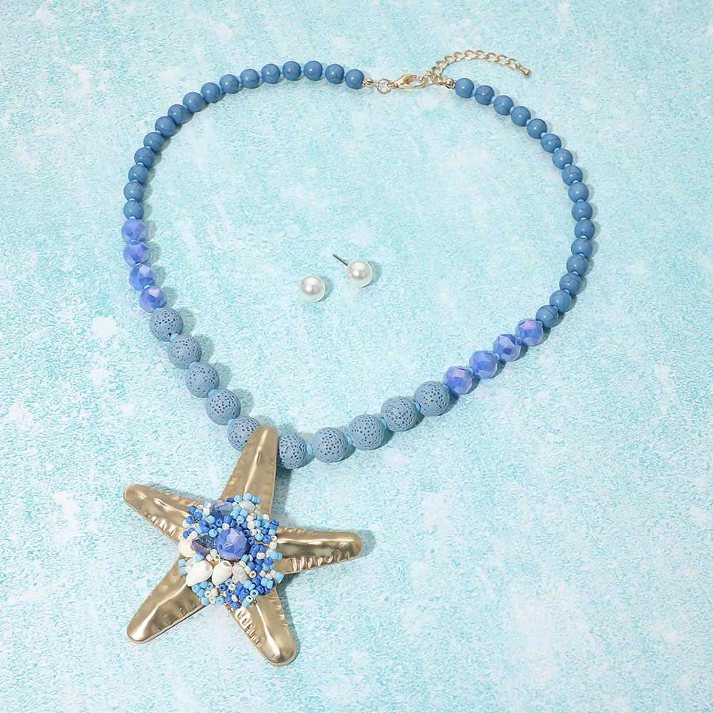 Madeline Love Blue Starfish Pendant Beaded Statement Necklace - Necklaces