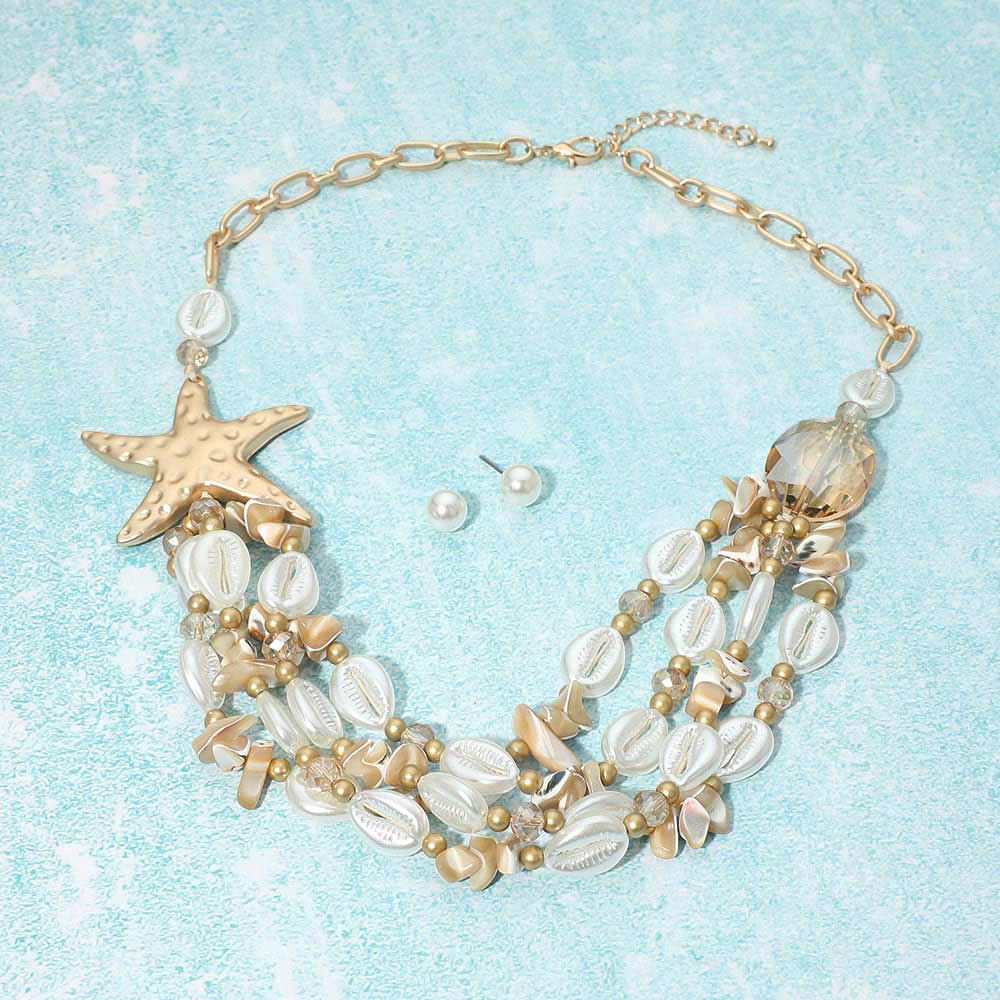 Madeline Love Gold Bold Starfish Charm Pearl Shell Beaded Layered Statement Necklace - Necklaces