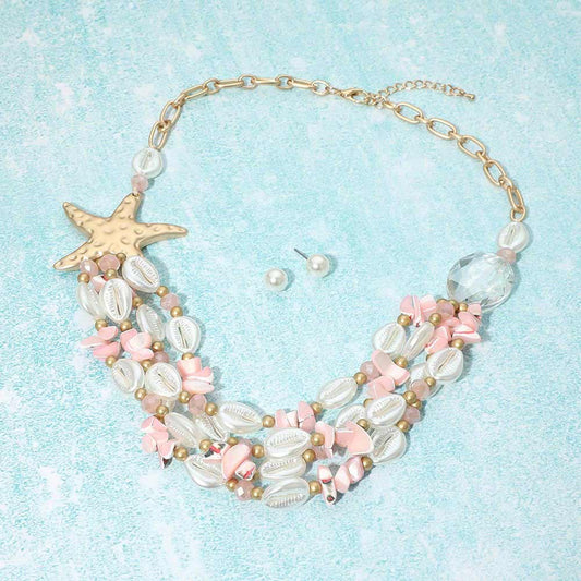 Madeline Love Pink Bold Starfish Charm Pearl Shell Beaded Layered Statement Necklace - Necklaces