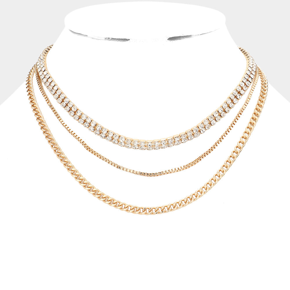 Madeline Love Gold Gold Dipped Rhinestone Embellished Metal Chain Triple Layered Bib Necklace