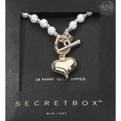 SECRET BOX_14K Gold Dipped Heart Toggle Pearl Necklace