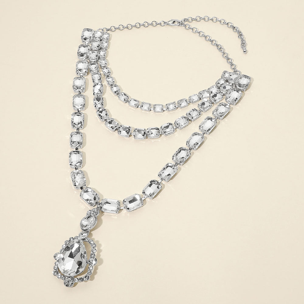 Madeline Love Clear, Rhodium Layered Gem Link Bold Pendant Drop Statement Necklace
