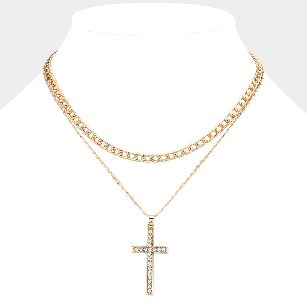 Madeline Love Gold Gold Dipped Stone Paved Cross Pendant Cuban Chain Layered Necklace - Necklaces