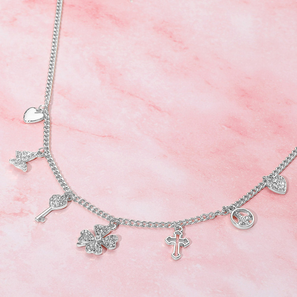 Madeline Love Clear, Rhodium Silver Dipped Clover Heart Cross Key Charm Station Necklace - Necklaces